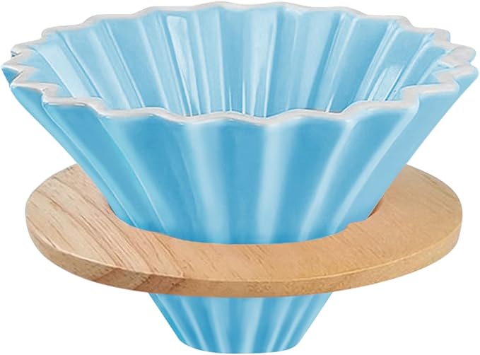 Ceramic Coffee Dripper with Wood Cup Stand Pour Over Coffee Maker Elegant Flower-shape V60 Strainer for 1-2 Cups Slow Brewing Accessories for Home Coffee Shops Restaurants Blue