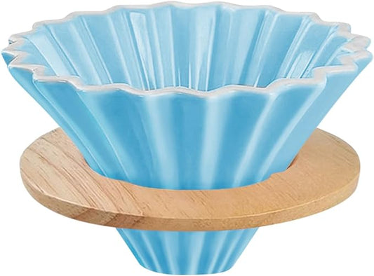 Ceramic Coffee Dripper with Wood Cup Stand Pour Over Coffee Maker Elegant Flower-shape V60 Strainer for 1-2 Cups Slow Brewing Accessories for Home Coffee Shops Restaurants Blue
