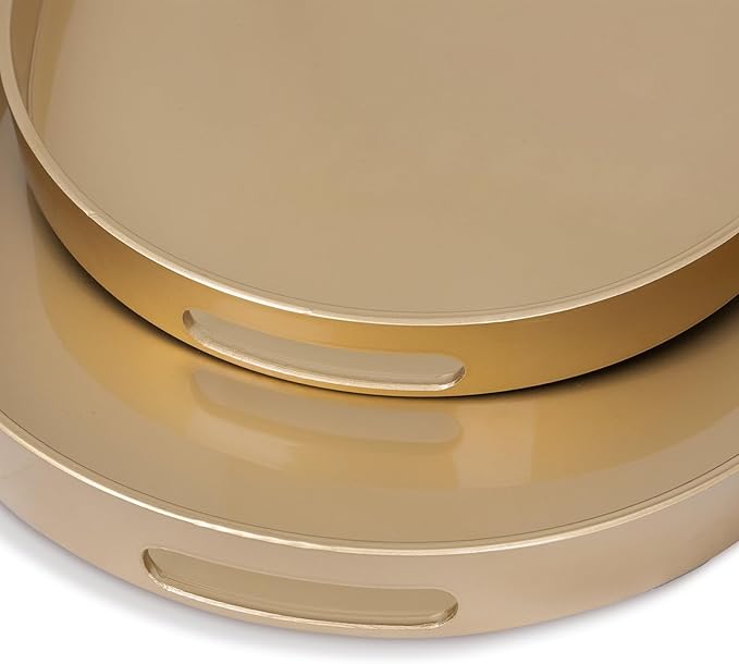 MAONAME Gold Serving Trays with Handles, Oval Decorative Tray for Coffee Table, Nesting Trays Set of 2, Plastic Vanity Tray for Ottoman, Living Room