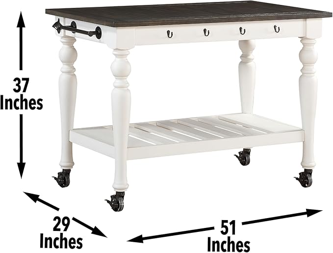 Steve Silver Co Joanna Two Tone Kitchen Trolley Cart, Two Towel Rods, Bottom Shelf Storage, Classic Farmhouse Styling, Island on Wheels, Hardwood Solids, 28.5" D x 50.5" W x 36.5" H, White/Ivory