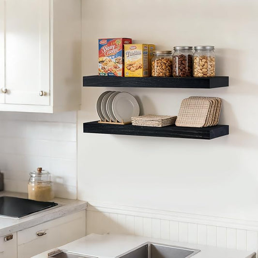 Floating Wall Shelves 24x6.8x1.7 Inch – Solid Wood Rustic Shelves in Black Finish – Wall Mounted Display Shelf for Bathroom, Kitchen, Bedroom – Set of 2
