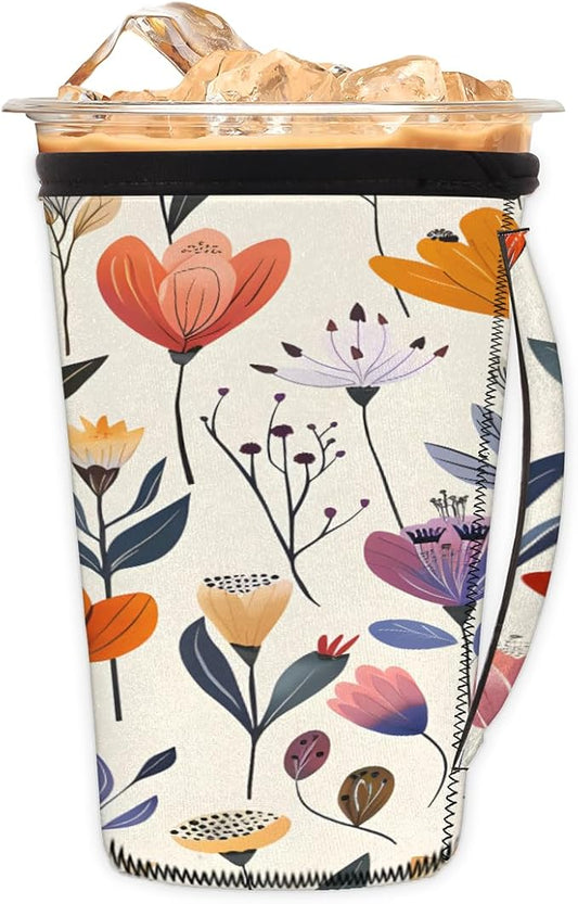 Reusable Iced Coffee Cup Sleeve Flowers Summer Neoprene Insulated Sleeves Cup Holder with handle Idea for 30oz - 32oz