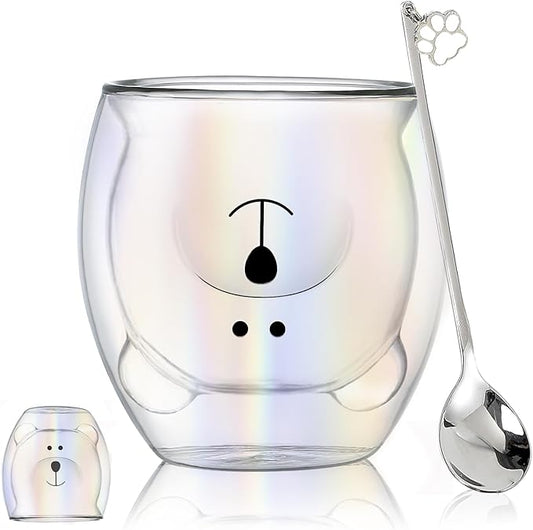 Cute Mugs Double Wall Glass Coffee Glass Cup Kawaii Bear Tea Milk Cup Funny Mug Animal Mug Aesthetic Cup for Office and Personal Birthday Gift (Iridescent Bear)