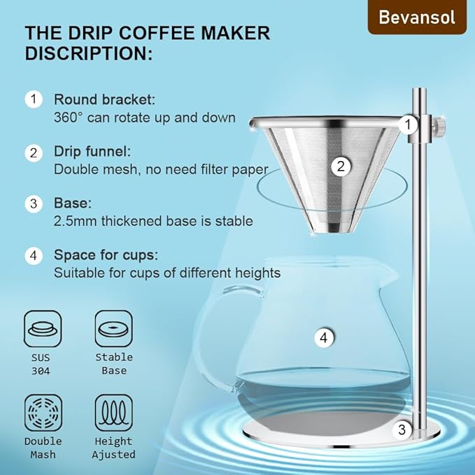 Bevansol Stainless Steel Pour Over Coffee Maker, Adjustable Stand, Double-layer Filter