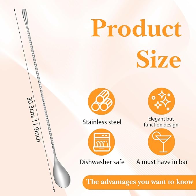 18 Pcs 12 Inch Bar Spoon Cocktail Spoon Stainless Steel Mixing Spoons Spiral Pattern with Polished Surface Stirring Spoons for Cocktail Coffee Drinks, Home Bar Party (Silver)