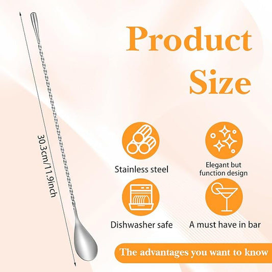 18 Pcs 12 Inch Bar Spoon Cocktail Spoon Stainless Steel Mixing Spoons Spiral Pattern with Polished Surface Stirring Spoons for Cocktail Coffee Drinks, Home Bar Party (Silver)