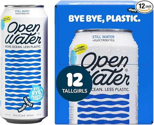 Open Water Still 16oz Tallgirl (1 case, 12 cans) - Sustainable Aluminum Canned Still Water With Electrolytes - 7.0 pH Balanced BPA-Free Ultra-Purified Water