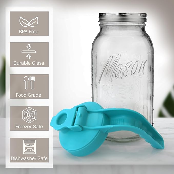 Mason Jar Pitcher - Airtight & Leakproof Glass Pitcher with Lid, Perfect for Breastmilk, Cold Brew Coffee, Sun Tea, Water & Drinks, 2 Quart (64 oz) Wide Mouth Mason Jar with Pour Spout Lid - Teal
