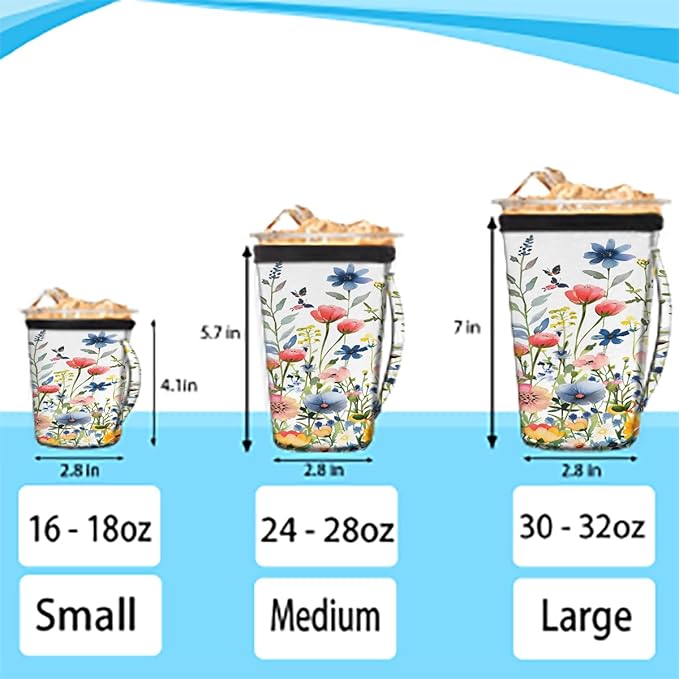 Reusable Iced Coffee Cup Sleeve Spring Flowers Neoprene Insulated Sleeves Cup Holder with handle Idea for 24oz - 28oz