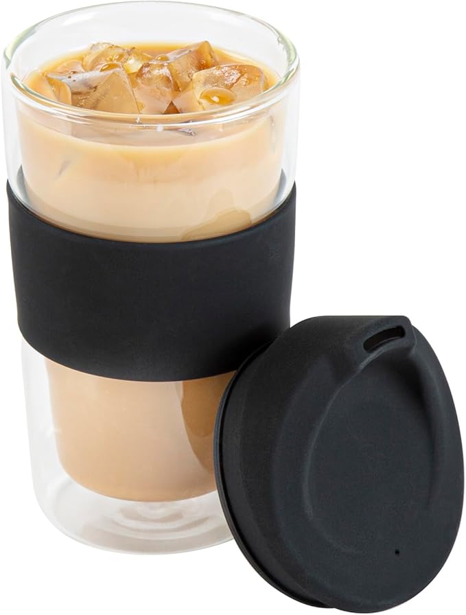 Restaurantware Glass Travel Mug 1 Count 12 Ounce Double Wall Borosilicate Reusable Coffee Cup, Spill-Resistant Black Silicone Lid, Clear Drinkware Mug for Hot and Cold Beverages