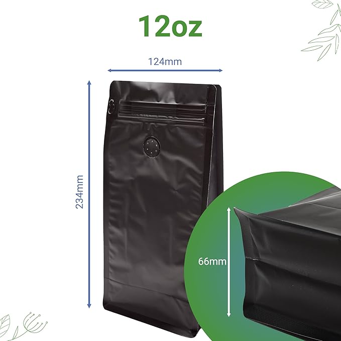 PouchWorth 100 Pack 12 oz Coffee Bags with Valve Black Flat Bottom Coffee Beans Packaging Pull Tab Zipper Resealable Bags