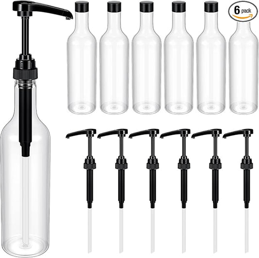 Maxdot 6 Pcs 25 oz Syrup Bottles with Pump Long Neck Bottles Plastic Syrup Pump Dispenser for Coffee Bar Accessories Home Party (Black)