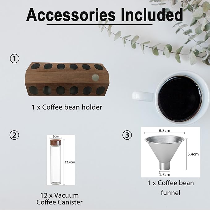 12-Piece Vacuum Coffee Canister Set with Wooden Holder & Funnel – Airtight Glass Jars for Coffee Beans, Tea, Snacks (Walnut Wood Stand)