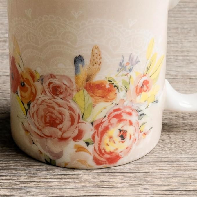 Maison d' Hermine Coffee Mug with Handles Fine Bone China Mugs Pack of One Tea Cups for Hot Beverages Cappuccino Latte Home Restaurant Office Perfect for Gift (Ibiza - Beige - Feather, 15 Ounce)