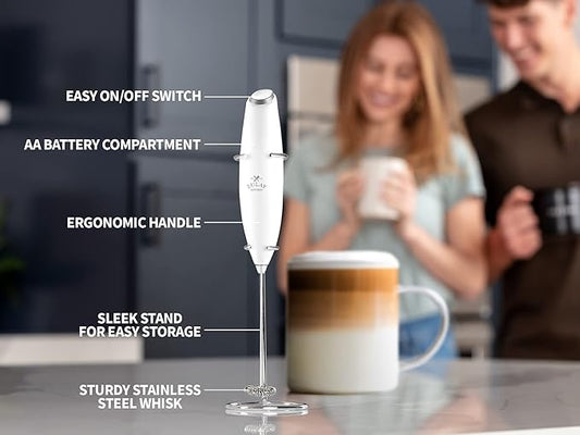 Zulay Premium Gift Milk Frother Set – Handheld Coffee Frother with Stand, 12oz/350ml Frothing Pitcher + 4 Latte Art Stencils – 13,000 RPM Motor, SS Whisk, Battery Operated – Barista Kit (White)