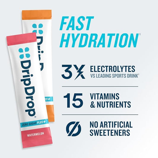 DripDrop Zero Sugar Plus - Sugar Free Hydration Packets- Single Serve Electrolytes Powder Drink Mix - Raspberry Lemonade, Watermelon, Tangerine, Tropical Punch - Non-GMO, Gluten Free, Vegan- 16 Sticks