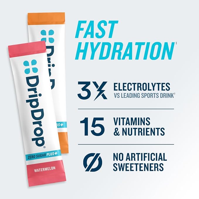 DripDrop Zero Sugar Plus - Sugar Free Hydration Packets - Single Serve Electrolytes Powder Drink Mix - Raspberry Lemonade, Watermelon, Tangerine, Tropical Punch - Non-GMO, Gluten Free, Vegan- 8 Sticks