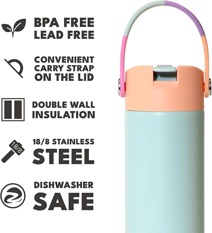 Elemental 24oz Insulated Water Bottle with Straw - 100% Leak-Proof Stainless Steel Core Water Bottles for Travel, Sports & Gym - Fits in Car Cup Holder - BPA Free Double Wall Insulation - Mint Sorbet