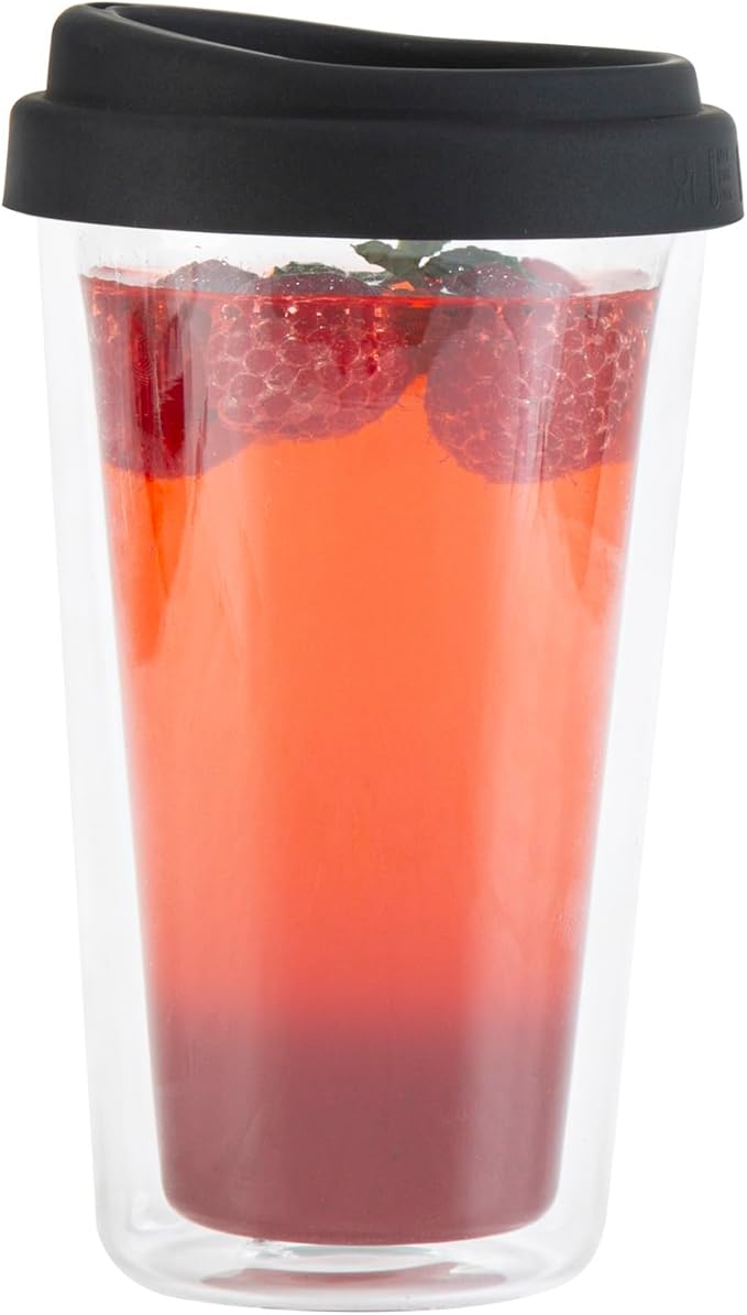 Restaurantware Glass Travel Mug 1 Count 14 Ounce Double Wall Borosilicate Reusable Coffee Cup, Spill-Resistant Black Silicone Lid, Clear Drinkware Mug for Hot and Cold Beverages