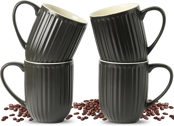 HASENSE Coffee Mugs Set of 4, 16 Oz Large Ceramic Ribbed Latte Cups with Big Handle for Coffee, Tea and Cocoa, Modern Design & Light Weight, Microwave & Dishwasher Safe, Black