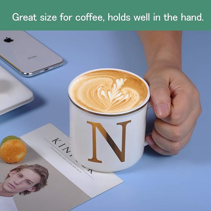 Miicol Ceramic Coffee Mug 16 oz, Monogram Coffee Cup, Golden Initial Tea Mug, Personalized Tea Cup, Unique Gift, Large Mug for Home, Office, Letter N