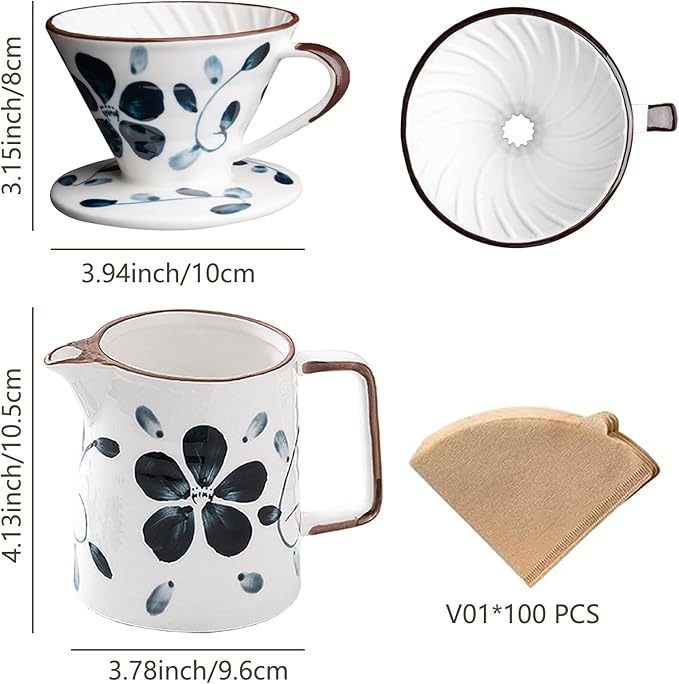 Ceramic Pour Over Coffee Maker Set, Ceramic Coffee Dripper with Single Hole, Coffee Pot & 100 Paper Filters for Home, Travel, Camping (1-2 Cup)
