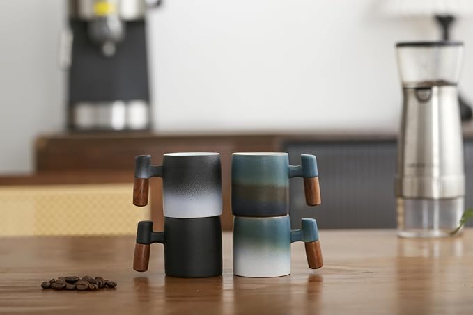 2-Oz Ceramic Espresso Cups with Wood Handle, 2/4-Piece Set for Coffee, Tea, Latte - Dishwasher Safe, Multi-Color & Wood Styles, Gift & Café Use (blue white2&blue black2, Wooden Handle4)