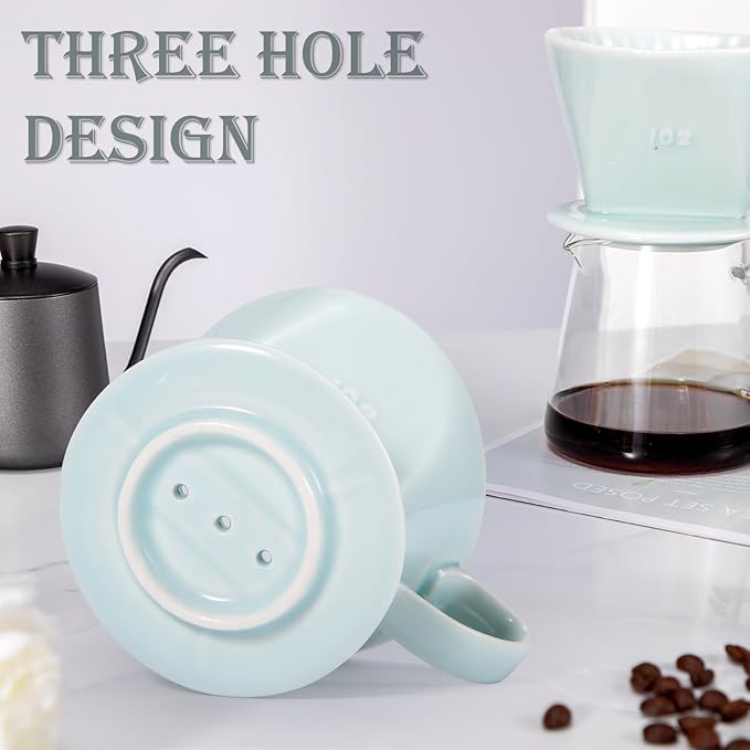 Pour Over Coffee Dripper, Ceramic Pour Over Coffee Maker with 3 Holes Flat Bottom, Easy Manual Brew Maker, Porcelain Slow Filter Cone for Travel, Camping, Office, Home, Green