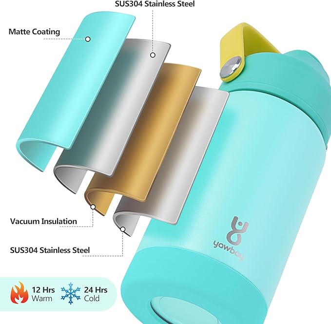 Kids Insulated Water Bottle with Straw Lid & Silicone Handle,12oz Kids Leak Proof Water Bottle for School Boys Girls,Double Wall Vacuum Stainless Steel with Non-slip Silicone Base(Lake Blue)