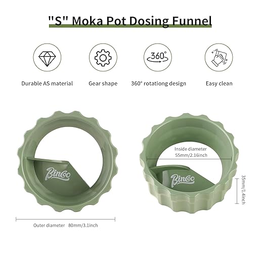Bincoo Coffee Maker Dosing Funnel 54mm for Moka Pot-Coffee Powder Filler Funnel,Anti-Flying Powder Distribution Tool for 2-3 Espresso Cup Moka Pot (Green-S 54mm)