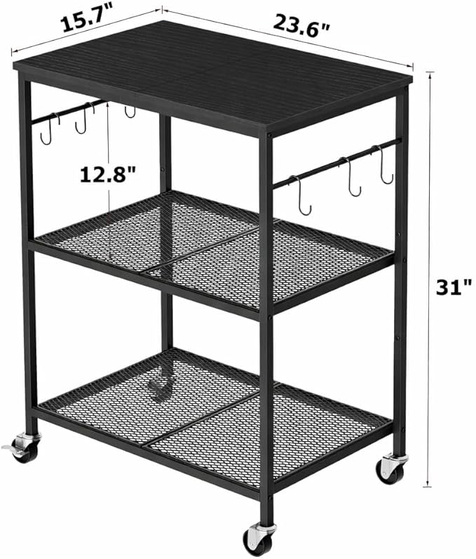 3-Tier Rolling Kitchen Microwave Cart, Kitchen Utility Cart on Lockable Wheels, Coffee Bar Table Station with 6 S-Shaped Hooks, Small Appliance Storage Shelf, Black