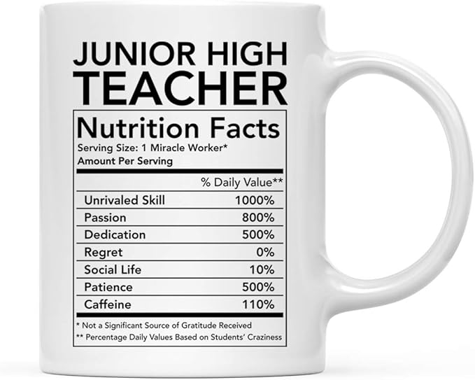 Andaz Press Funny 11oz. Ceramic Coffee Tea Mug Thank You Gift, Junior High Teacher Nutritional Facts, 1-Pack, Novelty Gag Birthday Christmas Gift Ideas Coworker
