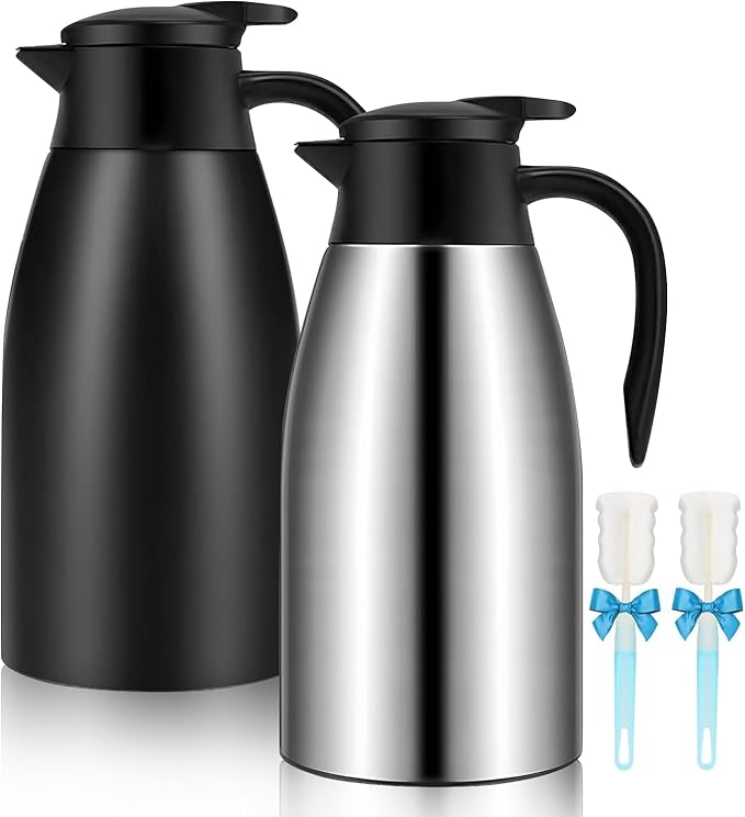 68oz Thermal Coffee Carafe, 2 Pack Airpot Insulated Coffee Urn Stainless Steel Vacuum Thermal Pitchers for Coffee, Hot Water, Tea, Beverage - Keep 12 Hours Hot, 24 Hours Cold (Silver, Matte Black)