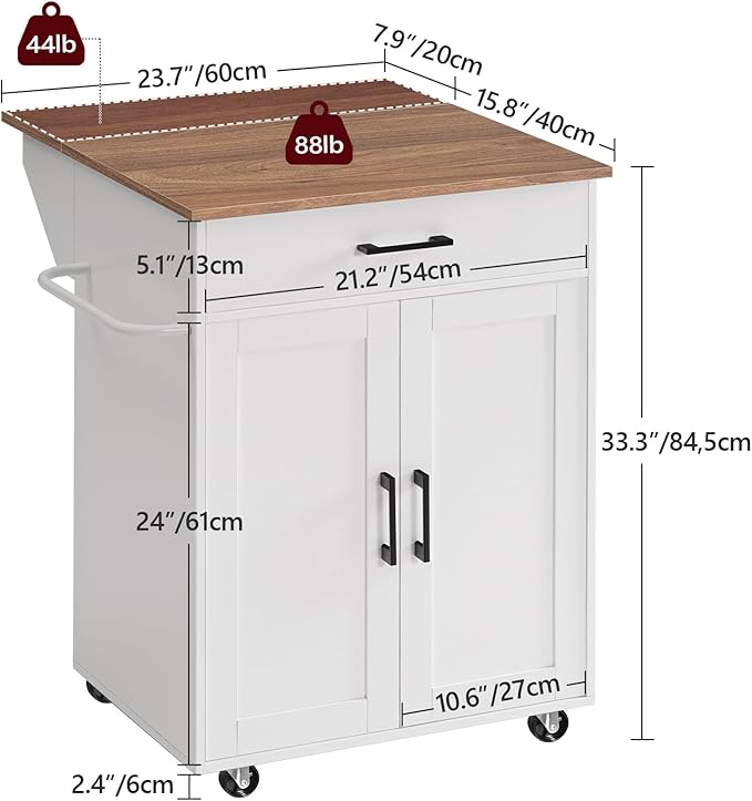 Kitchen Island on Wheels with Drop Leaf, Folding Countertop Kitchen Island Cart, Kitchen Island Table with Towel Rack, Drawer, for Kitchen, Dining Room, White and Walnut KIBZ12501