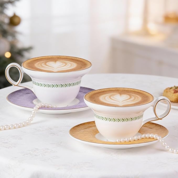 KAMMAK Ceramic Coffee Cups Saucers Set of 2, Porcelain Espresso Cups with Saucers, 5.92 oz Handmade Elegant Bone China Tea Cup, Ceramic Floral Pattern Demitasse for Latte, Americano, Cappuccino