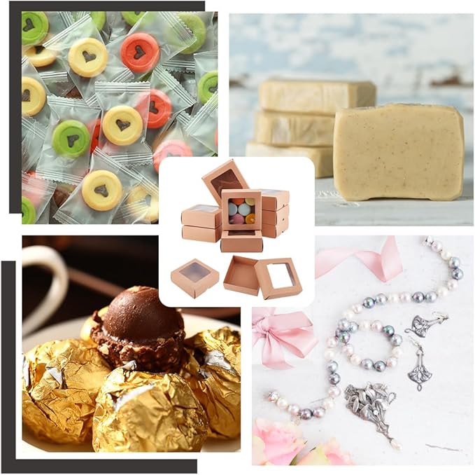 BENECREAT 10PCS Brown Kraft Paper Box with Clear Window, 5.12x5.12x1.97inch Square Kraft Paper Gift Box for Wedding Party Gifts, Festival Jewelry Packaging, Candy Storage