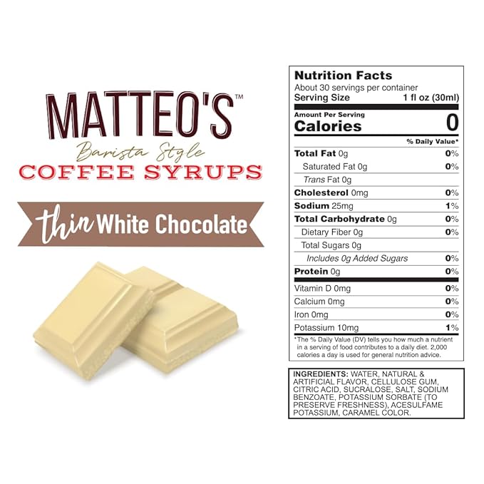 Matteo's White Chocolate Syrup for Coffee, Lattes, Cappuccinos & Desserts – Sugar-Free Sweetener for Beverages, Keto Friendly, Zero Calories, Indulgent Flavor, Non-Alcoholic, 33.8oz (1pk)