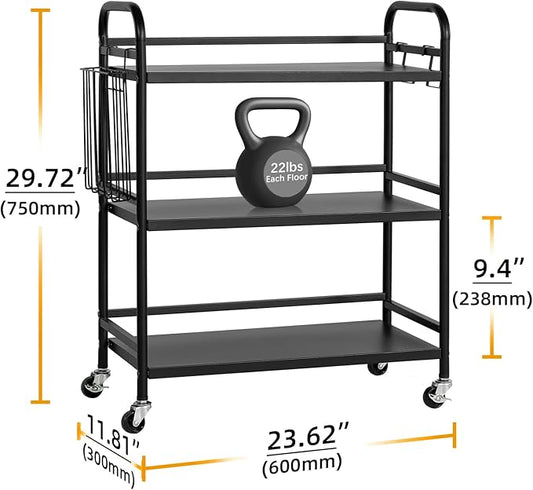 HDANI 3 Tier Metal Rolling Utility Cart,High Capacity Multi Purpose Heavy Duty Cart for Office,Kitchen,Living Room,Bedroom,Black