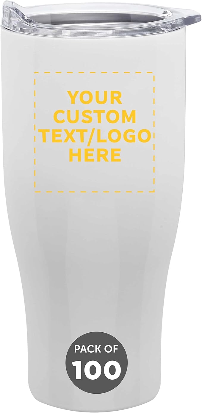 Custom Stainless Steel Grip Travel Mugs 27 oz. Set of 100, Personalized Bulk Pack - Perfect for Coffee, Soda, Other Hot & Cold Beverages - White