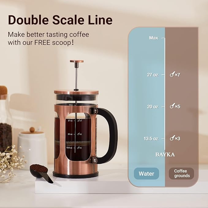 BAYKA 34oz 1 Liter French Press Coffee Maker, Coffee Lover Gifts Basket Set, Heat Resistant Thickened Borosilicate Glass Stainless Steel Brewer, Cold Brew Cafetera Teapot for Kitchen, Copper