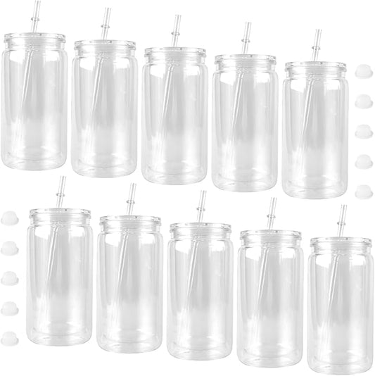 SEUNMUK 10 Pack 16 oz Snow Globe Cups, Pre Drilled Double Wall Cup with Rubber Stopper Plastic Lid and Straws, Clear Snowglobe Cups for Snow Globe Glitter DIY