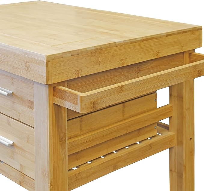 Home Aesthetics Rolling Kitchen Island Cart with Drawers Shelves, Towel Rack, Locking Casters, Butcher Block Food Prepping Cart Trolley on Wheels, Bamboo Wood