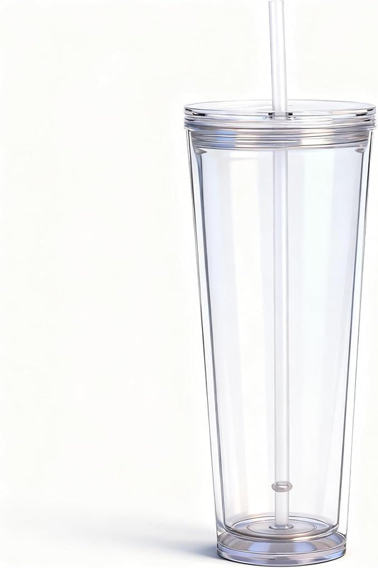 24oz Tumbler with Lid and Straw, Leak Proof and Double Wall Insulated Reusable Plastic Cups,Travel Reusable Iced Coffee Cup (1, Transparent)