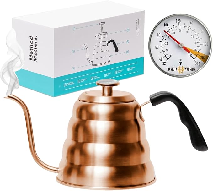 Barista Warrior Gooseneck Kettle for Pour Over Coffee & Tea - 1.2L Kettle Stovetop with Built-In Thermometer, Precision Drip Spout, Stainless Steel - Copper Coated Stainless Steel