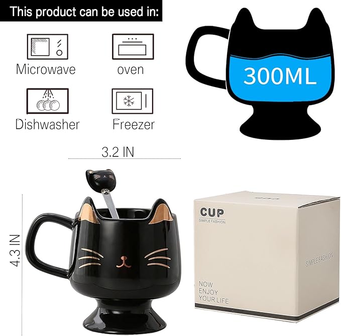 Yuwu Ceramic Coffee Mug, Cute Cat Tea Mug with Spoon, Funny Gifts for Women Girls for cat lovers (Black)