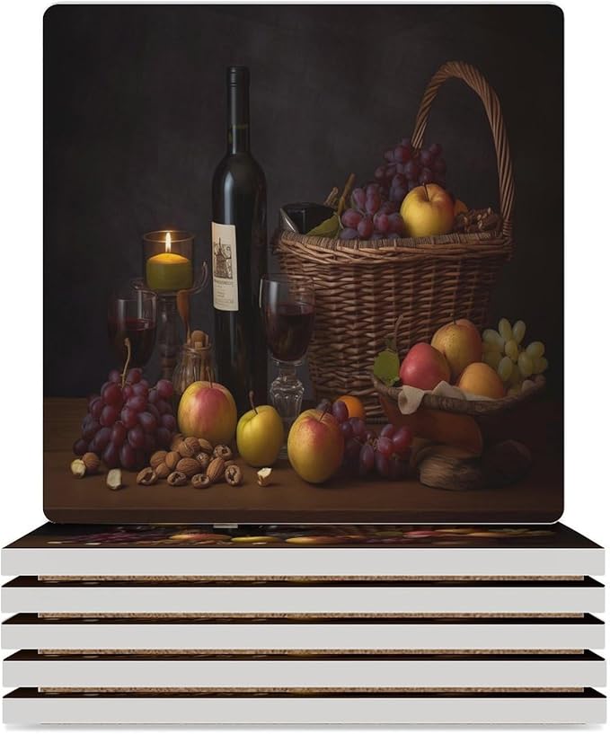 Red Wine Drink Coasters, Square Ceramic Drink Coaster Square-6PCS, Red Wine Bottle and Grapes on Wood Fruit Print Decor Absorbent Ceramic Coasters for Beverage Cup, Bar, Coffee Table