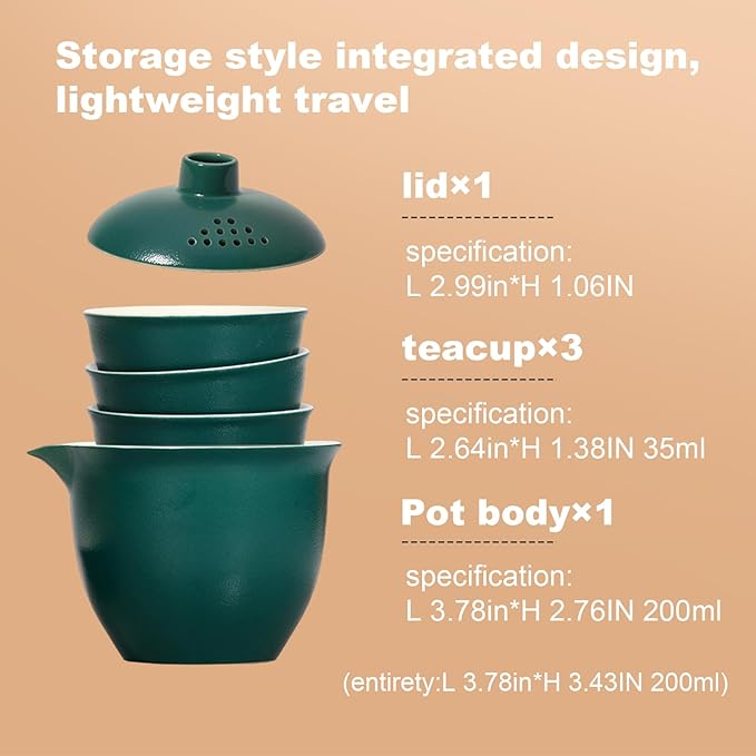 Porcelain Chinese Gongfu Tea Sets for Adults Portable Kungfu Teapot and Cup Set Small Ceramic Tea Party Set Travel Teaset with Lid for Home Gifting Outdoor and Office (Green)