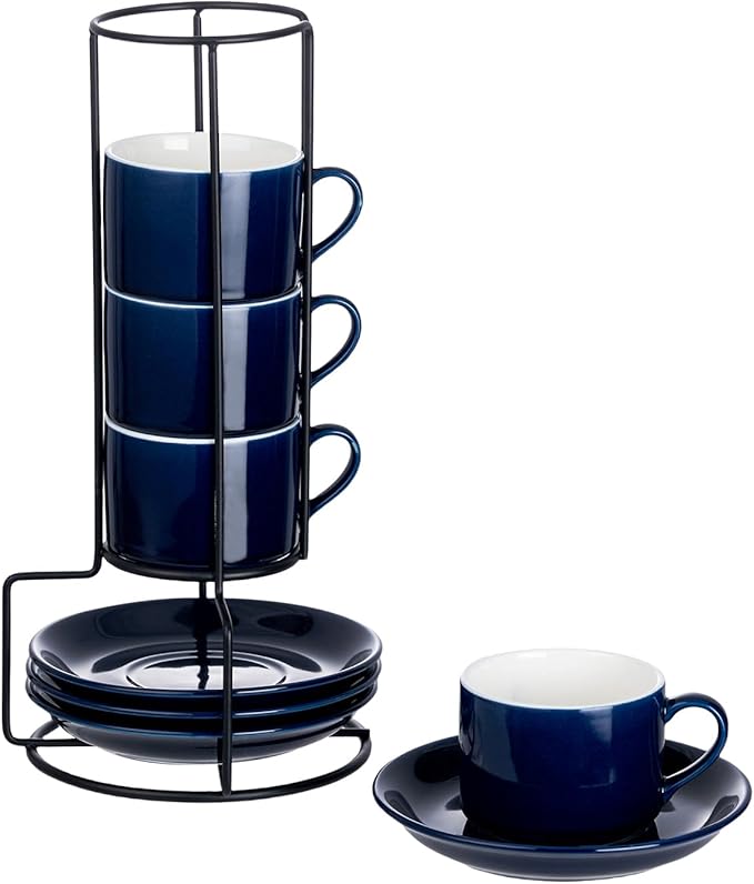 Meichu 4oz Porcelain Stackable Espresso Cups with Saucers and Metal Stand Set of 4, Stackable Espresso Cups Set of 4, Blue Expresso Shots Cup Set for Coffee Drinks, Cappuccino Latte, Americano, Tea