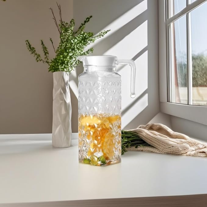 Acrylic Pitcher 37 oz, OEH Unbreakable Clear Plastic Pitcher with Lid, BPA-Free, Heat-Resistant Small Plastic Water Pitcher for Tea, Sangria, Lemonade, Juice, Milk, Diamond