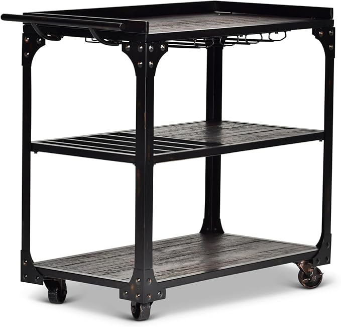 Steve Silver Furniture Sherlock Bar Cart Server, 3-Tier, Industrial Accent Design, Distressed Dark Charcoal Finish, Rustic Styling, Bottle Rack, for Kitchen, Dining Room, 20" D x 40" W x 36" H, Black